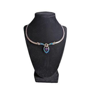 Vintage Sterling Silver Amethyst Opal & Zirconia Choker Necklace 925 Estate‎